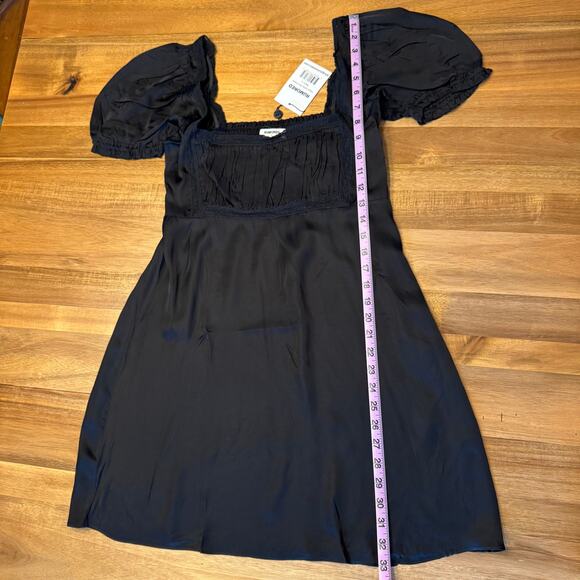 Rumored Milkmaid Mini Dress Black Large NWT Puff Sleeve Silky Lace Trim - Picture 11 of 13
